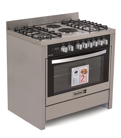 Scanfrost 90 x 60 CM gas cooker | Ideal for a large family | 4 Gas Burner including 1 Wok Burner + 2 Elec Hotplate | Gas Oven with Grill SFC 9423S/B
