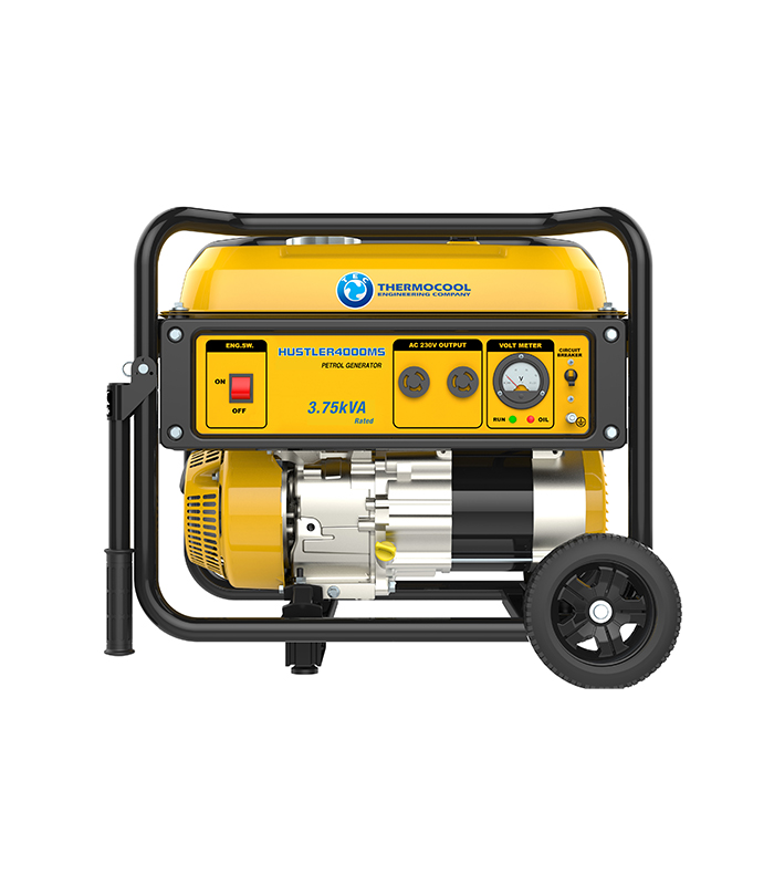 Haier Thermocool Hustler 4000MS. 3.75kVA/3.0kW. Single phase petrol generator. 4 stroke, OHV, forced air cooled, manual start, 223cc single cylinder engine. Suitable for medium loads. E.g. lightings, TV, Fans, Fridge, small AC