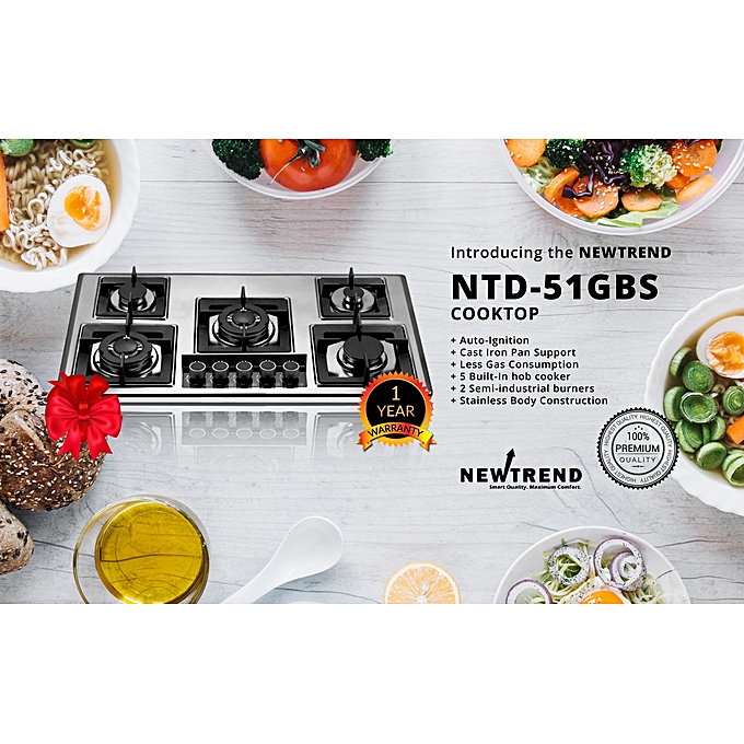 Newtrend NTD-51GBS 5 Burner Built-in Hob Stainless Cooker/cooktop (2 Semi-industrial Burners)