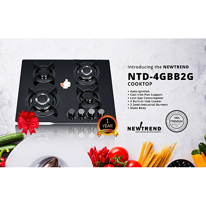 Newtrend NTD-4GBB2G 4 Burner Built-in Hob Glass Cooker/cooktop (2 Semi-industrial Burners)